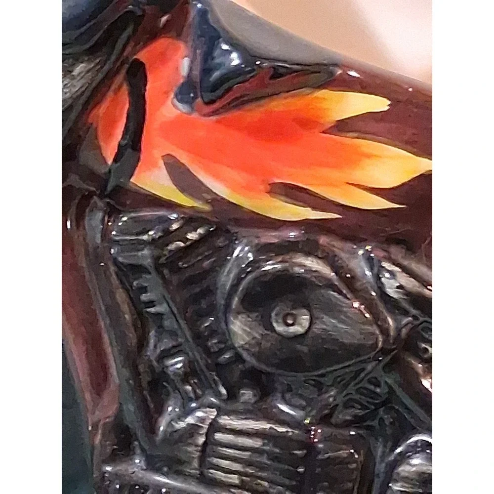 Vintage Biker Motorcycle Ceramic Cookie Jar Reclining Rider Flame Detail Novelty